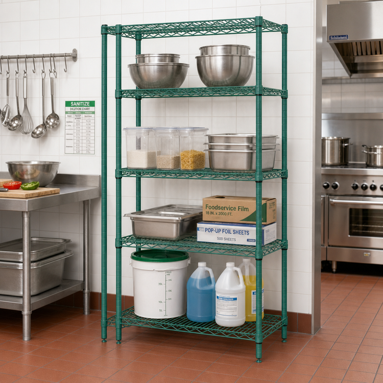Product image #2 for Quantum Stationary Wire Shelving Starter Kit, 30" W x 14" D x 74" H, 4 Shelves, Green Epoxy Antimicrobial Finish