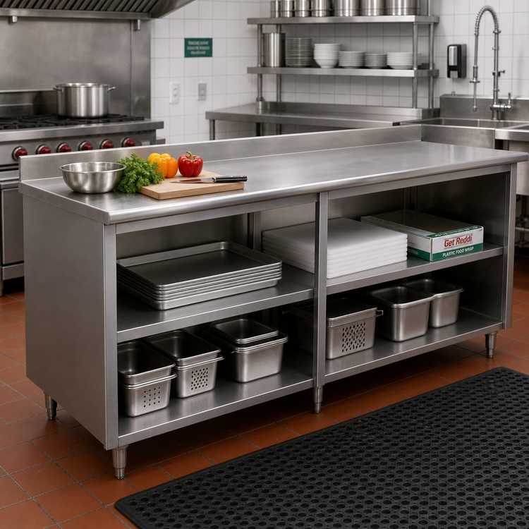 Product image #2 for Advance Tabco Special Value Series 108-Inch x 24-Inch 16-Gauge Stainless Steel Open Base Work Table with 5-Inch Backsplash