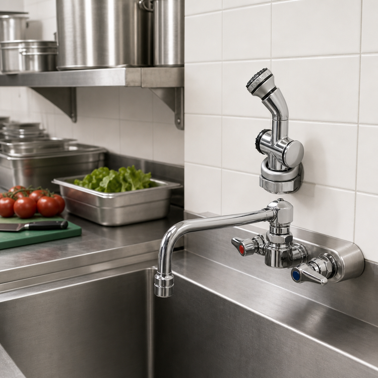 Product image #2 for T&S Brass B-1156-CR Wall-Mount Workboard Mixing Faucet, 4-Inch Centers, 7-7/8-Inch Swing Nozzle, Self-Closing Spray Valve