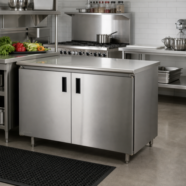 Product image #2 for Advance Tabco Special Value Enclosed Work Table with Cabinet Base, Mid-Shelf, Hinged Doors, 72 x 24 Inches, 16 Gauge 304 Stainless Steel Top