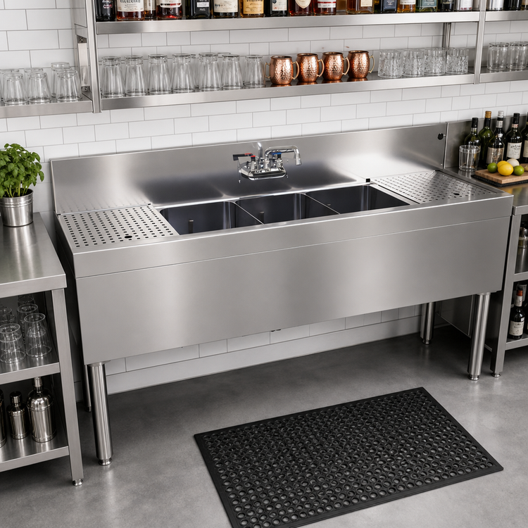 Product image #2 for Glastender Three-Compartment Underbar Sink Unit with Dual Drainboards, 60" W x 24" D, Stainless Steel