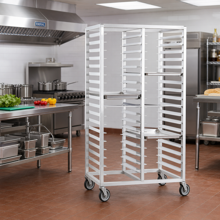 Product image #2 for Channel Manufacturing Standard Series Double Section Aluminum Cafeteria Tray Rack with 5-Inch Swivel Casters, 54-Tray Capacity, 18 x 26 Tray Size, 64-Inch Height (420A6)