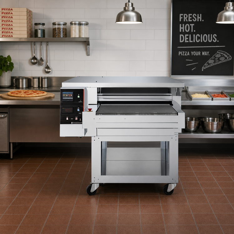 Product image #3 for Pizza Group Right-to-Left Electric Stone Conveyor Pizza Oven, 24-Inch Belt, Ventless Floor Model