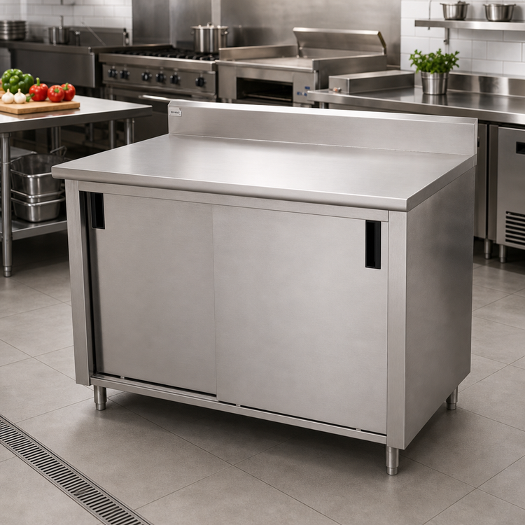 Product image #2 for Advance Tabco Special Value Series 60 x 30 Inch Enclosed Stainless Steel Work Table with Cabinet Base, Mid-Shelf, Sliding Doors, and 5 Inch Backsplash