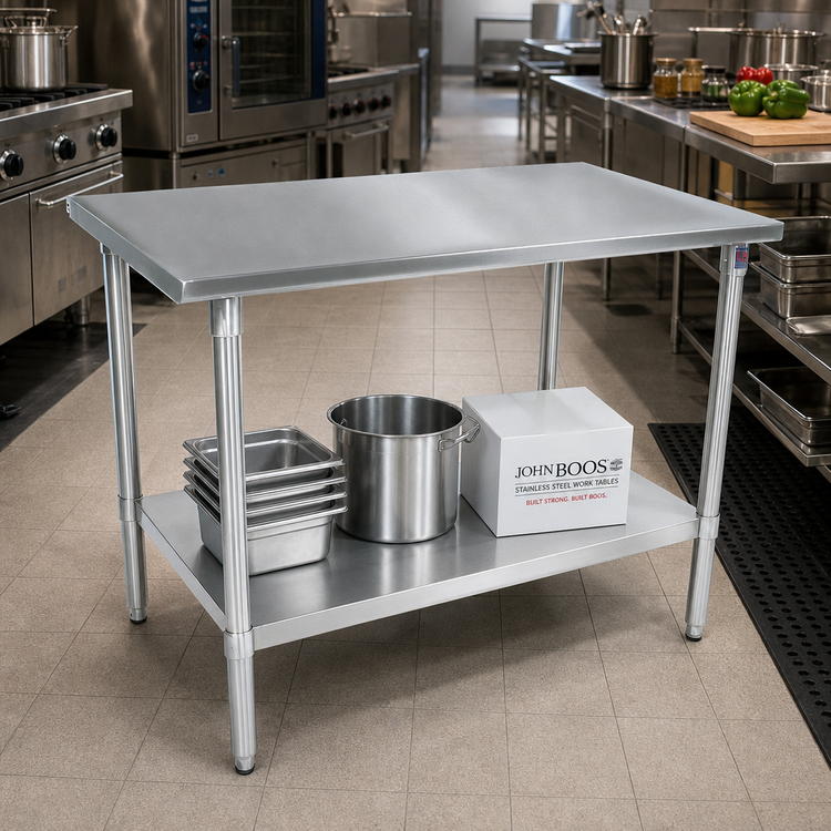 Product image #2 for John Boos Stallion Safety Edge 84" x 24" Stainless Steel Flat Top Work Table with Adjustable Undershelf