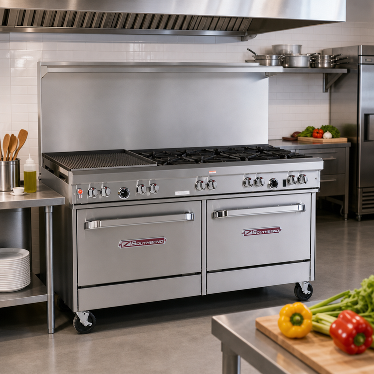 Product image #2 for Southbend Ultimate 60-Inch Gas Restaurant Range with 5 Burners, 24-Inch Charbroiler, and 2 Standard Ovens