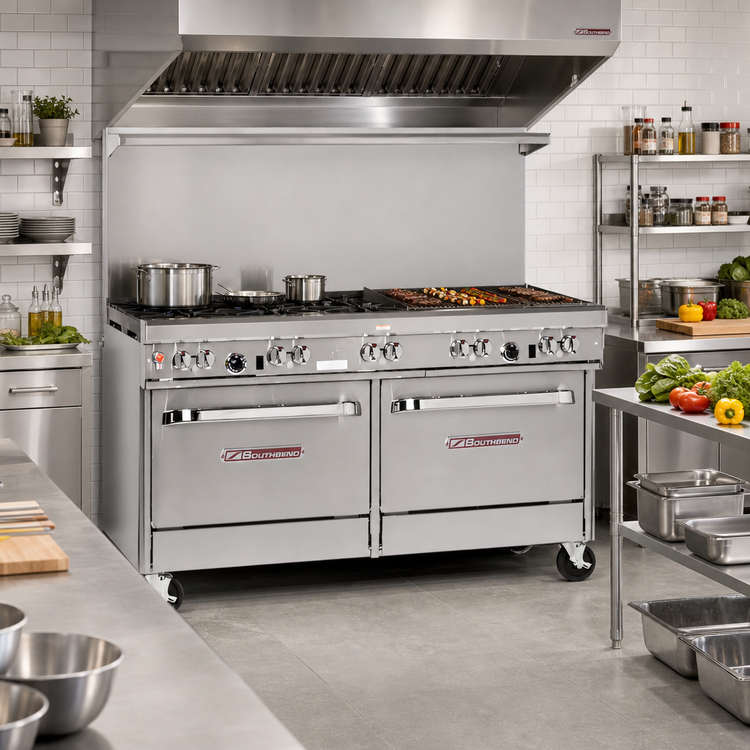 Product image #2 for Southbend Ultimate 60-Inch Gas Restaurant Range with 5 Burners, 24-Inch Charbroiler, and 2 Standard Ovens