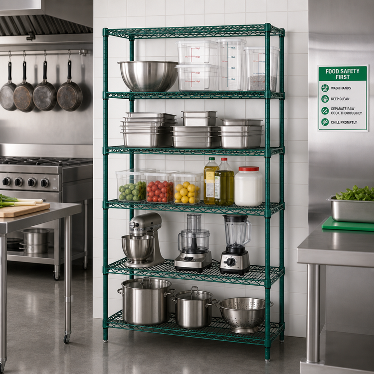 Product image #2 for Quantum 24" W x 21" D x 86" H Wire Shelving Starter Kit, 5 Shelves, 600-800 lb. Capacity, Green Epoxy Antimicrobial Finish
