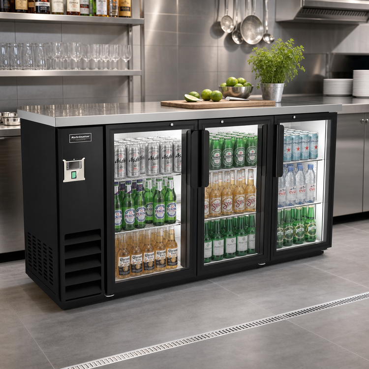 Product image #2 for Kelvinator Commercial 73-Inch 3-Door Glass Back Bar Refrigerator with Stainless Steel Worktop