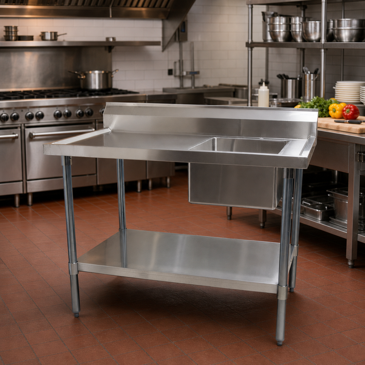 Product image #2 for BK Resources 60-Inch x 30-Inch 18-Gauge 304 Stainless Steel Work Table with Right-Side Prep Sink and Undershelf