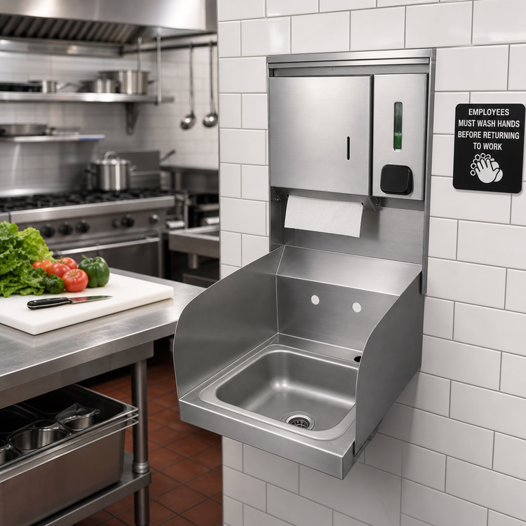 Product image #2 for BK Resources Wall-Mounted 9" x 9" Space Saver Hand Sink with Towel and Soap Dispensers