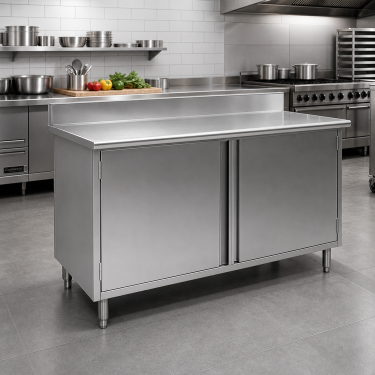 Product image #2 for Spec-Master Stainless Steel Enclosed Worktable with Hinged Doors, 120"W x 24"D, 4-1/2" Backsplash