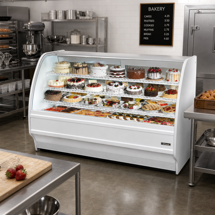 Product image #2 for True Full-Service Curved Glass Refrigerated Bakery Display Case, 77-1/4 Inch, Self-Contained R290, White