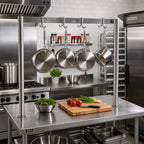 Thumbnail image #2 for John Boos PRS1A Table-Mounted Single-Bar Stainless Steel Pot Rack, 31-1/4"W x 48"H, with 3 Double Hooks
