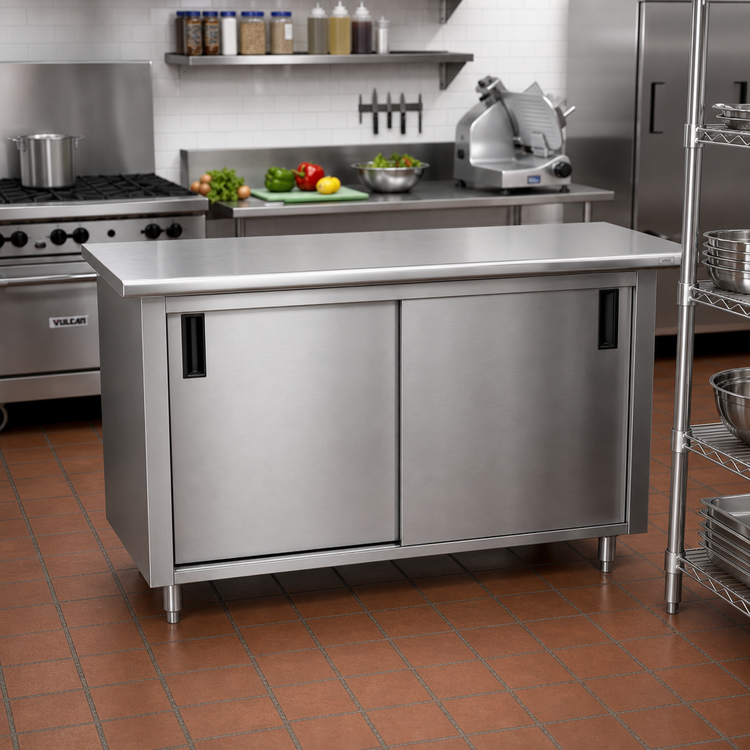 Product image #2 for Advance Tabco Special Value Economy Enclosed Work Table with Sliding Doors, 72 x 24 Inches, 304 Stainless Steel Top