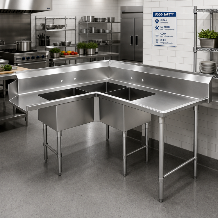 Product image #2 for Advance Tabco Right-Hand Corner Sink Table with 3-Compartment Sink, 48-Inch Drainboard, 96-Inch Wide, 304 Stainless Steel