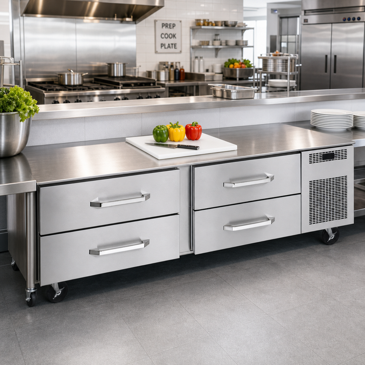 Product image #2 for Randell 120-Inch Three-Section Self-Contained Refrigerated Chef Base with 6 Drawers, Right-Side Compressor