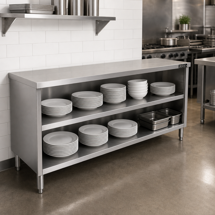 Product image #2 for John Boos Heavy-Duty Open-Front Dish Storage Cabinet with Open Base and Mid-Shelf, 120W x 18D x 35H