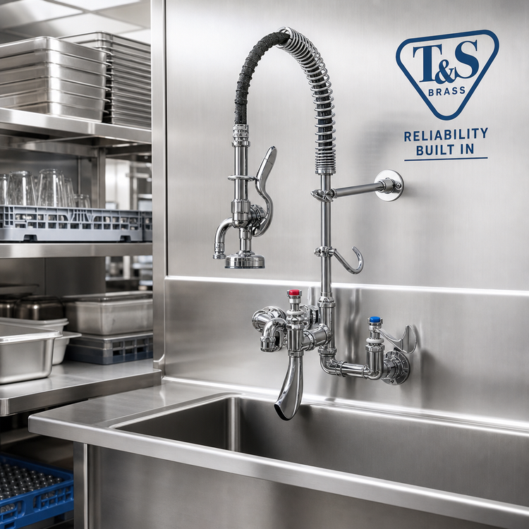 Product image #2 for T&S Brass 8" Wall-Mount Mini Pre-Rinse Unit with 8" Swing Nozzle and Cerama Wrist Handles