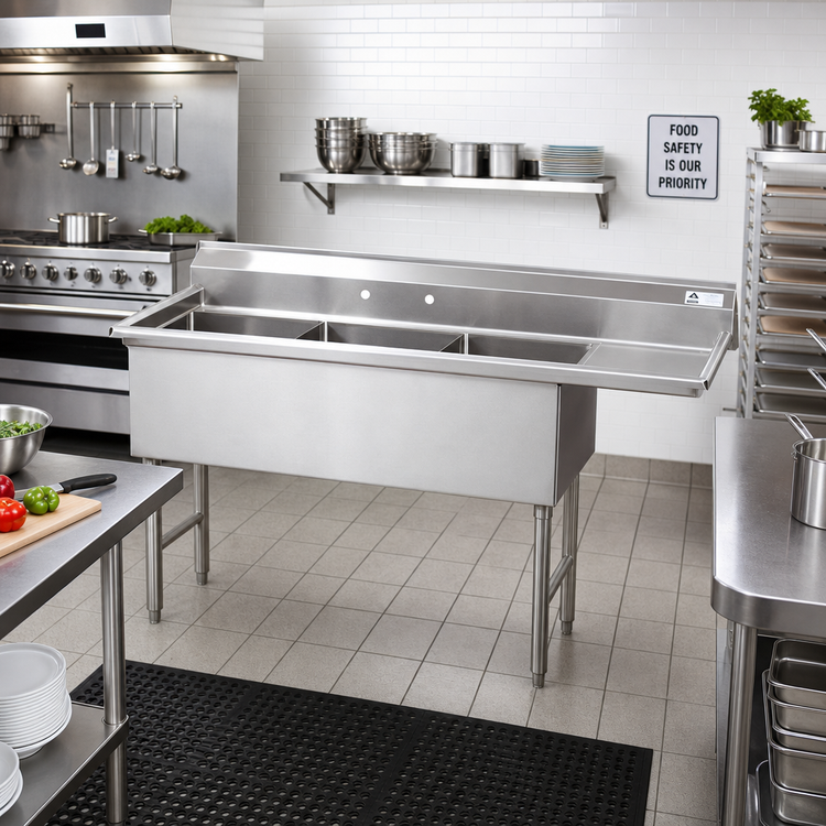 Product image #2 for Advance Tabco 3-Compartment Fabricated Sink with Right-Hand Drainboard, 24 x 30 x 14-Inch Bowls, 14-Gauge 304 Stainless Steel