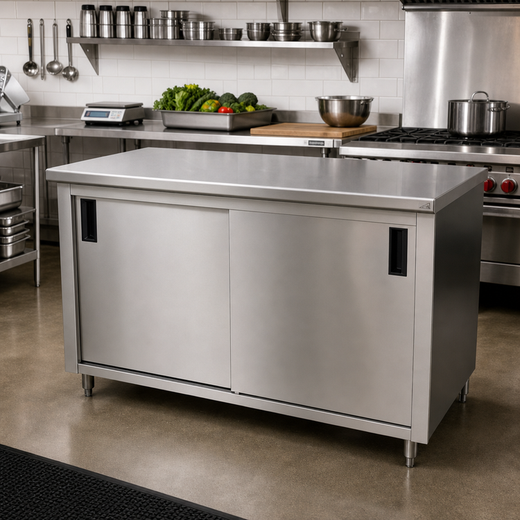 Product image #2 for Advance Tabco 120" x 24" Enclosed Work Table with Cabinet Base, Sliding Doors, Mid-Shelf, 14-Gauge 304 Stainless Steel Top