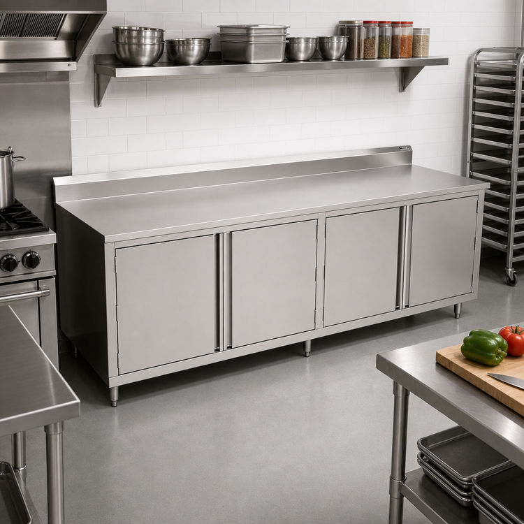 Product image #2 for John Boos 108-Inch W x 36-Inch D Enclosed Base Work Table with Hinged Doors, 14-Gauge 300-Series Stainless Steel Top, 5-Inch Backsplash