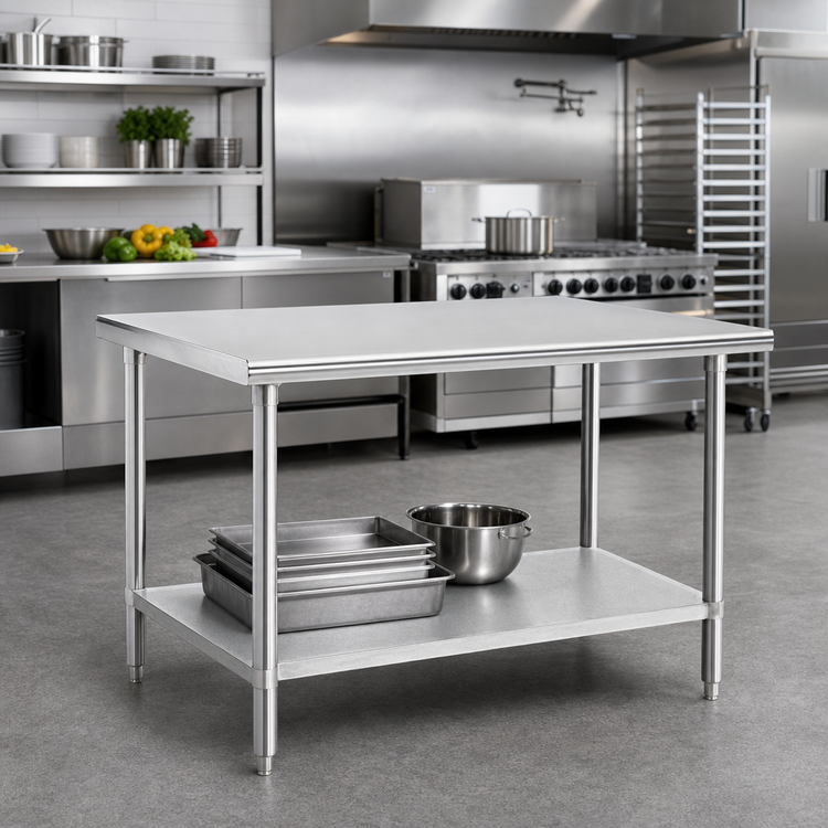 Product image #2 for Advance Tabco 48 Inch x 30 Inch 14-Gauge 304 Stainless Steel Work Table with Galvanized Undershelf and Legs