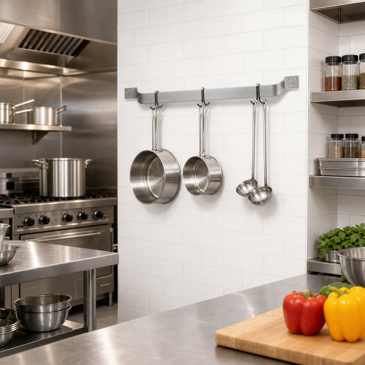 Product image #2 for Eagle Group SBPR-24-S 24 Inch Wall-Mount Single-Bar Stainless Steel Pot Rack with 2 Double-Prong Hooks