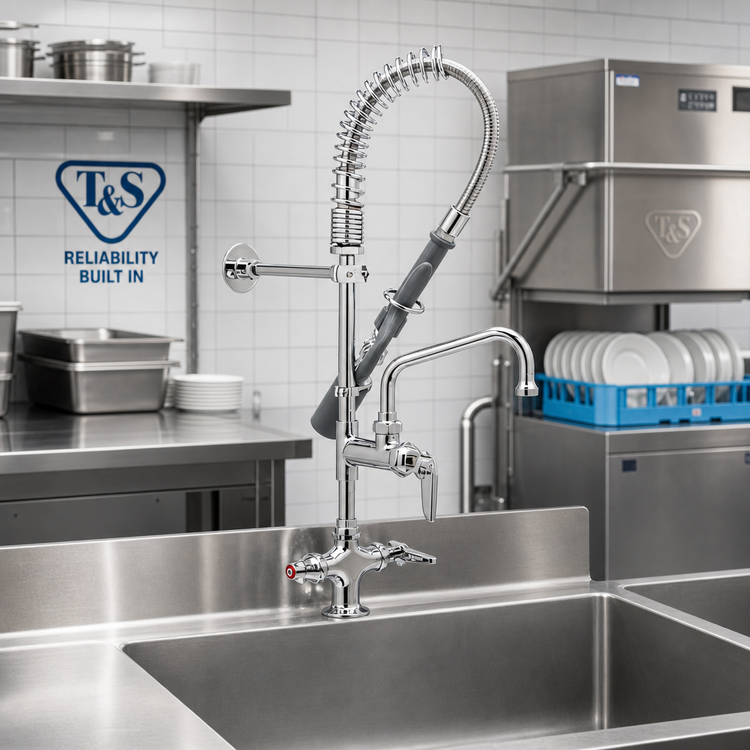 Product image #2 for T&S Brass Mini Pre-Rinse Unit, Single-Hole Deck Mount, 8-Inch Add-On Nozzle, Low-Flow Spray Valve, Vacuum Breaker