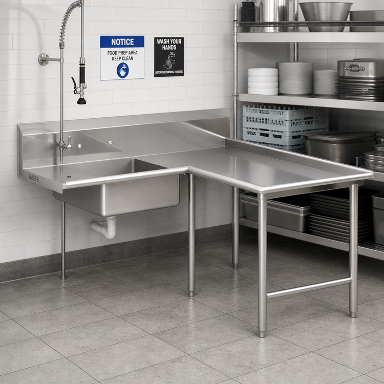 Product image #2 for John Boos Pro-Bowl L-Shaped Island Soiled Dishtable with 20 x 20 x 8-Inch Pre-Rinse Bowl, 60 x 120-Inch, Right-To-Left