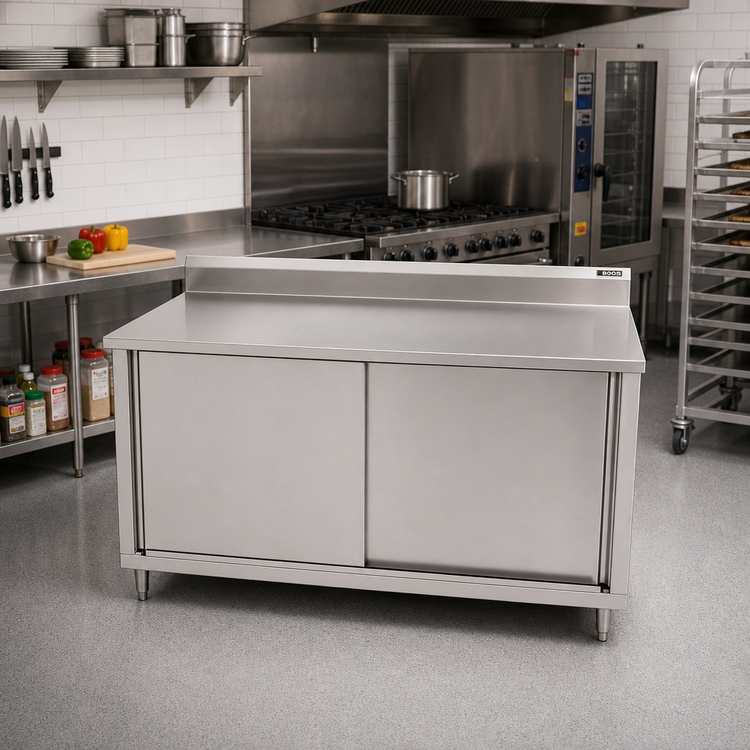 Product image #2 for John Boos Cabinet Base Stainless Steel Work Table with Sliding Doors and 5-Inch Backsplash, 72 x 36 Inches