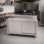 Thumbnail image #2 for John Boos 4CS6R5-3672 Enclosed Stainless Steel Work Table with Sliding Doors, 16-Gauge 300-Series Top and 5-Inch Backsplash, 72 x 36 Inches