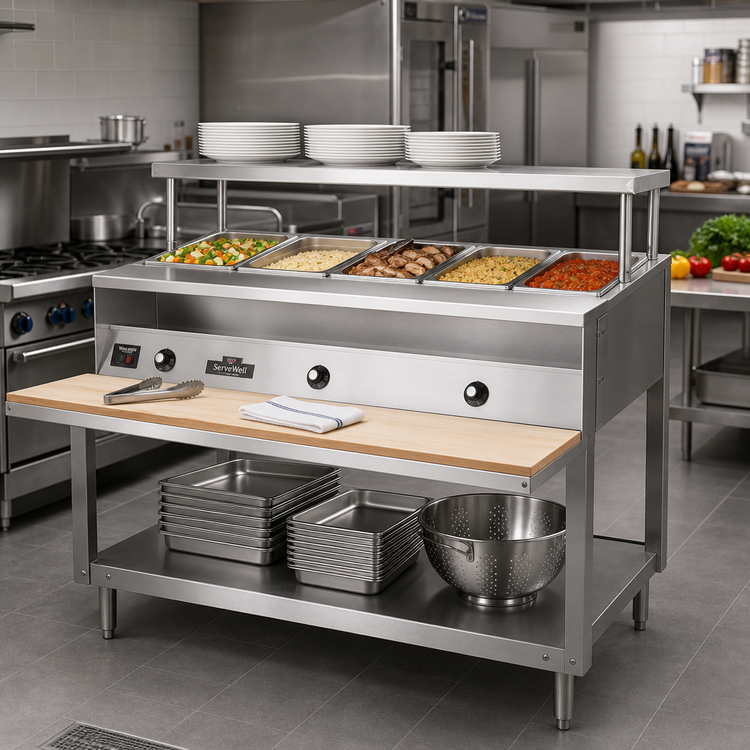 Product image #2 for Vollrath ServeWell® 5-Well Hot Food Table with Open Shelf Base, Plate Shelf, and Cutting Board