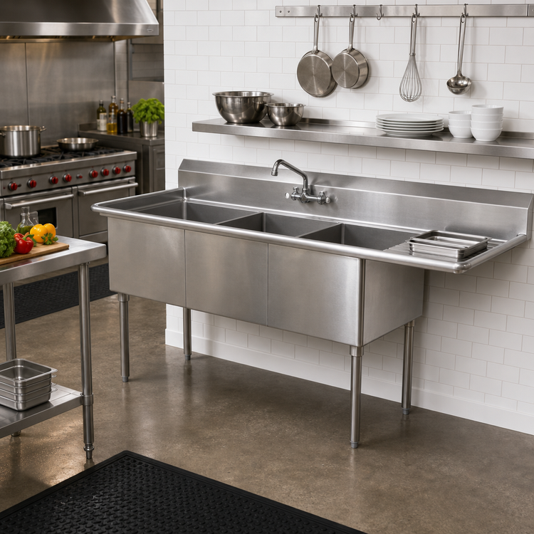 Product image #2 for 3-Compartment Stainless Steel Sink with Right-Hand Drainboard, 68-1/2" W x 25-1/2" D x 44-1/4" H