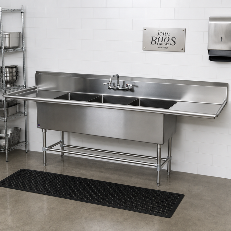 Product image #2 for John Boos Pro-Bowl 3-Compartment Sink with Dual 30-Inch Drainboards, 18 x 24 x 14-Inch Bowls, 14-Gauge Stainless Steel