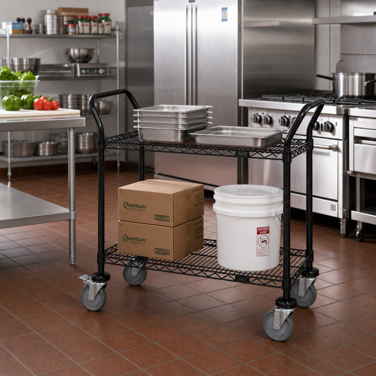 Product image #2 for Quantum Black Epoxy Antimicrobial Wire Utility Cart, 2 Shelves, 42 x 24 x 37-1/2 Inches