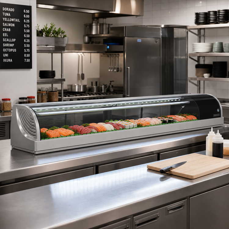 Product image #2 for Hoshizaki 70.9-Inch Countertop Refrigerated Sushi Display Case with Curved Glass and Left-Side Self-Contained Refrigeration