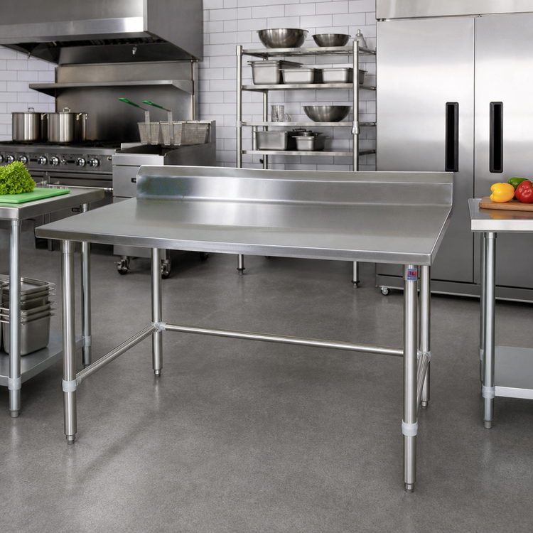 Product image #2 for John Boos Stallion 48-Inch x 30-Inch 14-Gauge 300 Series Stainless Steel Work Table with 5-Inch Backsplash and Galvanized Base