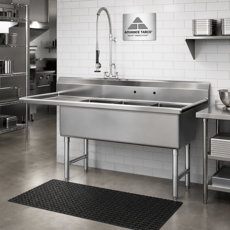 Product image #2 for Advance Tabco 3-Compartment Fabricated Sink with 30-Inch Left Drainboard, 24 x 30 x 14-Inch Bowls, 304 Stainless Steel