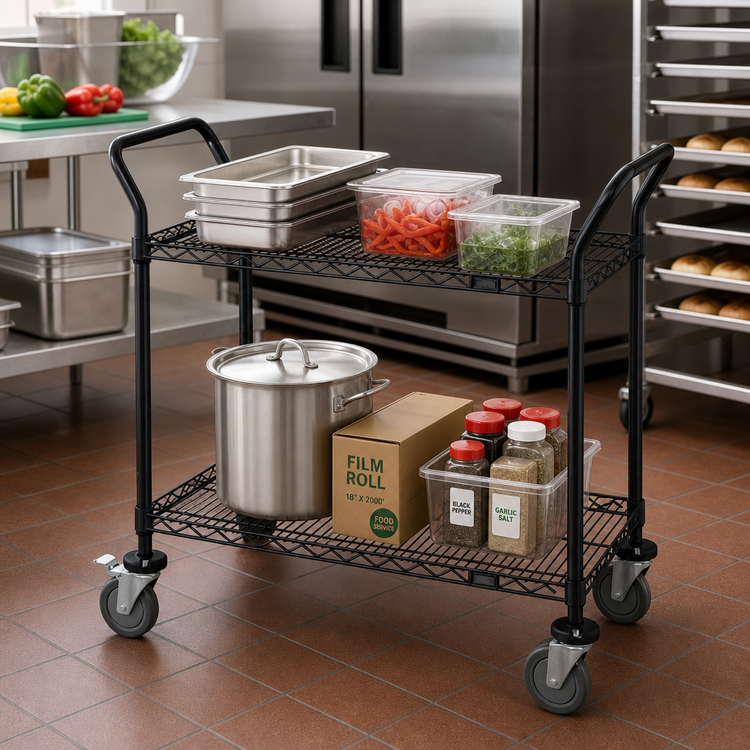 Product image #2 for Quantum Black Epoxy Wire Utility Cart with 2 Shelves, U-Handles, and 5-Inch Swivel Casters