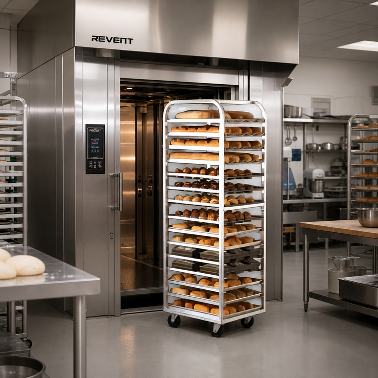Product image #2 for Adamatic/Revent Roll-In Oven Rack, A-Style Lift, Single End Load, 20-Pan Capacity