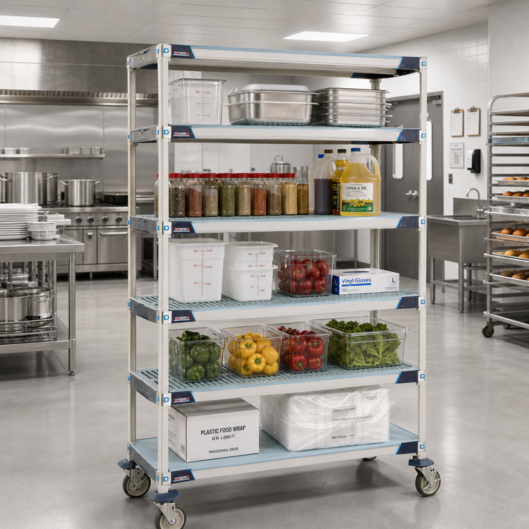 Product image #2 for MetroMax i Blue Mobile Polymer Shelving Starter Unit, 48W x 18D x 80H, 5-Tier with 4 Open Grid Shelves and 1 Solid Bottom Shelf