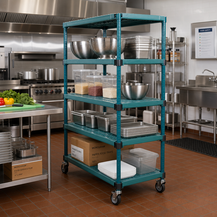 Product image #2 for QuadPlus 5-Tier Mobile Starter Wire Shelving Unit, 60-Inch W x 24-Inch D x 74-Inch H, Blue-Green Hybrid Epoxy Finish