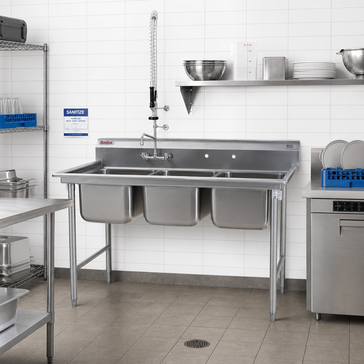 Product image #2 for Eagle Group 414 Series 3-Compartment Stainless Steel Sink, 65-1/2 Inch Wide, Without Drainboards