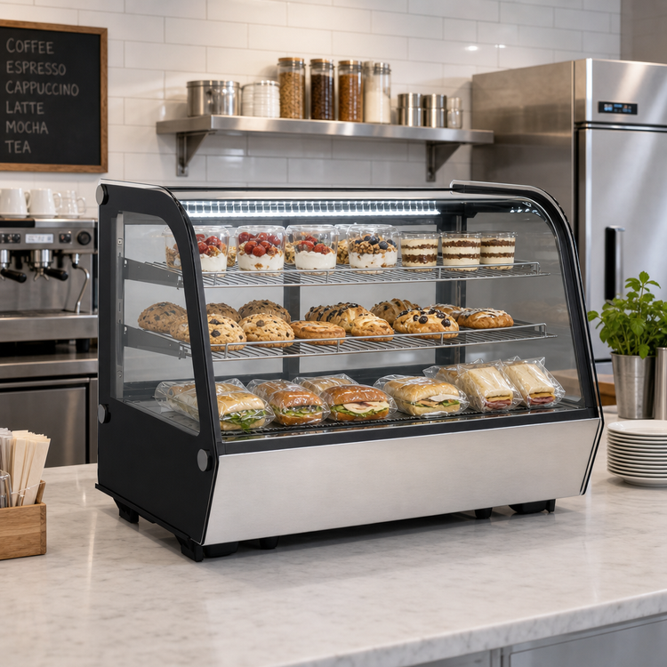 Product image #2 for Full-Service Countertop Refrigerated Display Case, 34-Inch, 5.65 Cu. Ft., Curved Glass Front, Sliding Rear Doors