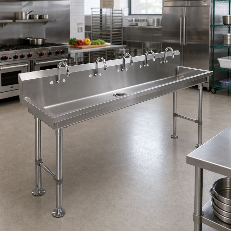 Product image #2 for John Boos Multi-Station Freestanding Hand Wash Sink, 100 Inch, 5 Sets of 4-Inch O.C. Faucet Holes