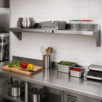 Thumbnail image #2 for John Boos Stallion BHS16144-16/304 Wall-Mounted Stainless Steel Shelf, 144W x 16D, 16-Gauge, Satin Finish, Safety Edge