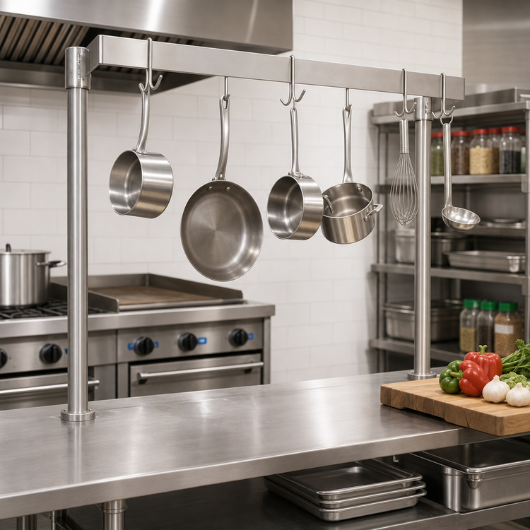 Product image #2 for BK Resources APU-36 Adjustable Table-Mount Single-Bar Pot Rack, 36 Inch Wide x 50 Inch High, Stainless Steel, 6 Hooks