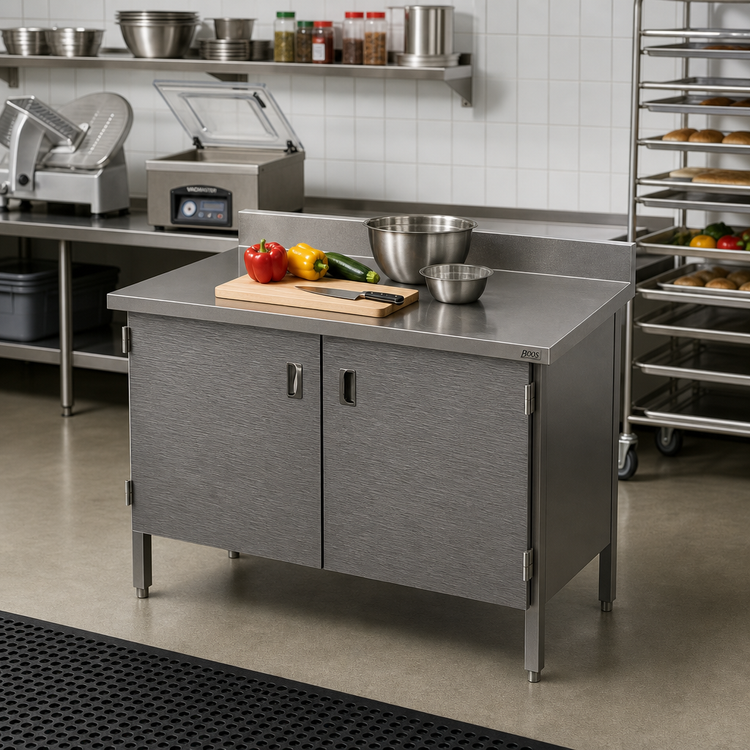 Product image #2 for John Boos Enclosed Base Work Table with Hinged Doors, 48-Inch Wide x 30-Inch Deep, 16-Gauge Stainless Steel Top, 5-Inch Backsplash