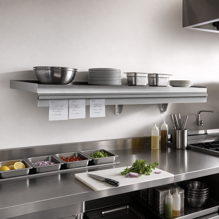 Product image #2 for Snap-n-Slide Wall-Mounted Shelf with Ticket Rail, 60 x 12 Inches, 16/430 Stainless Steel